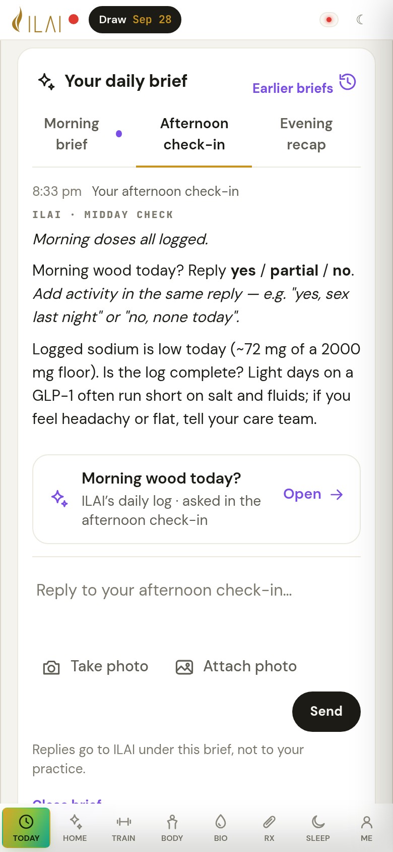 The morning brief opened on Today, synthetic patient: the brief's text and the reply box under it