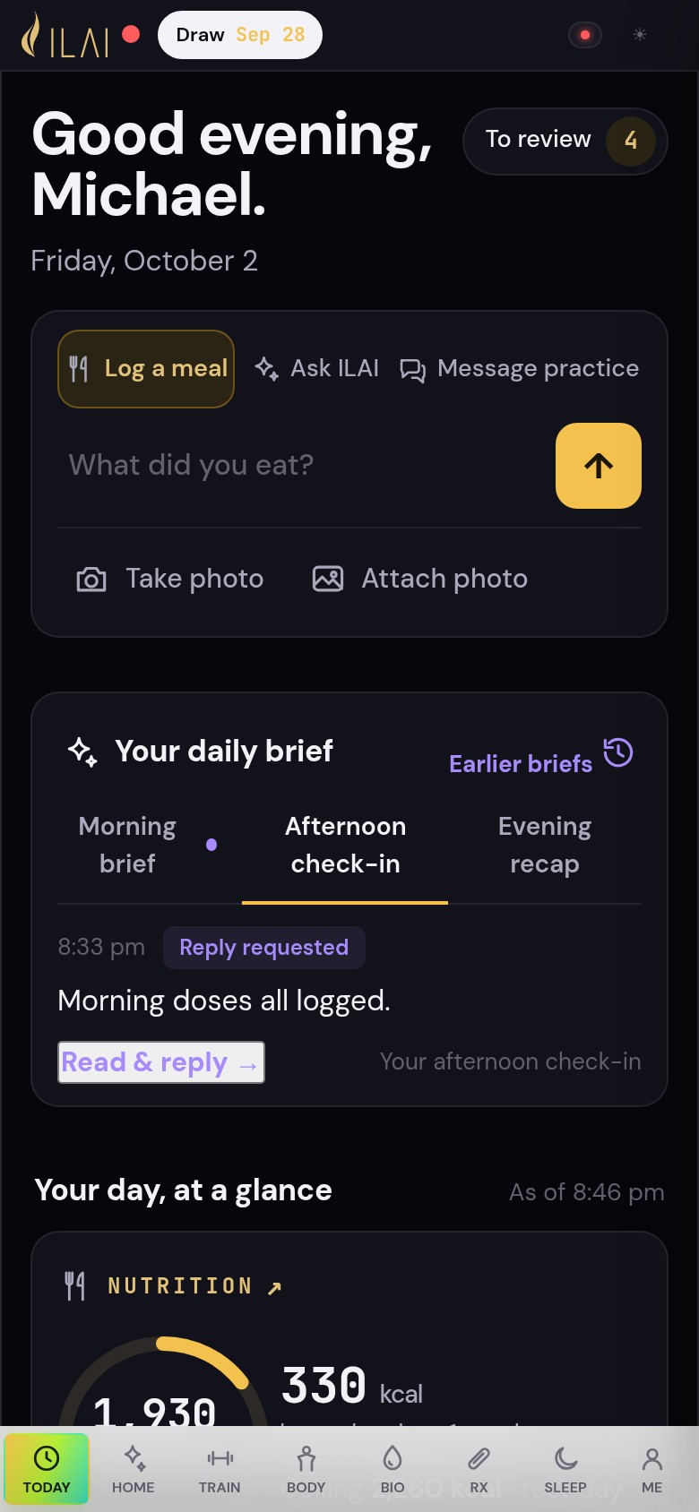 The same Today screen in the dark theme