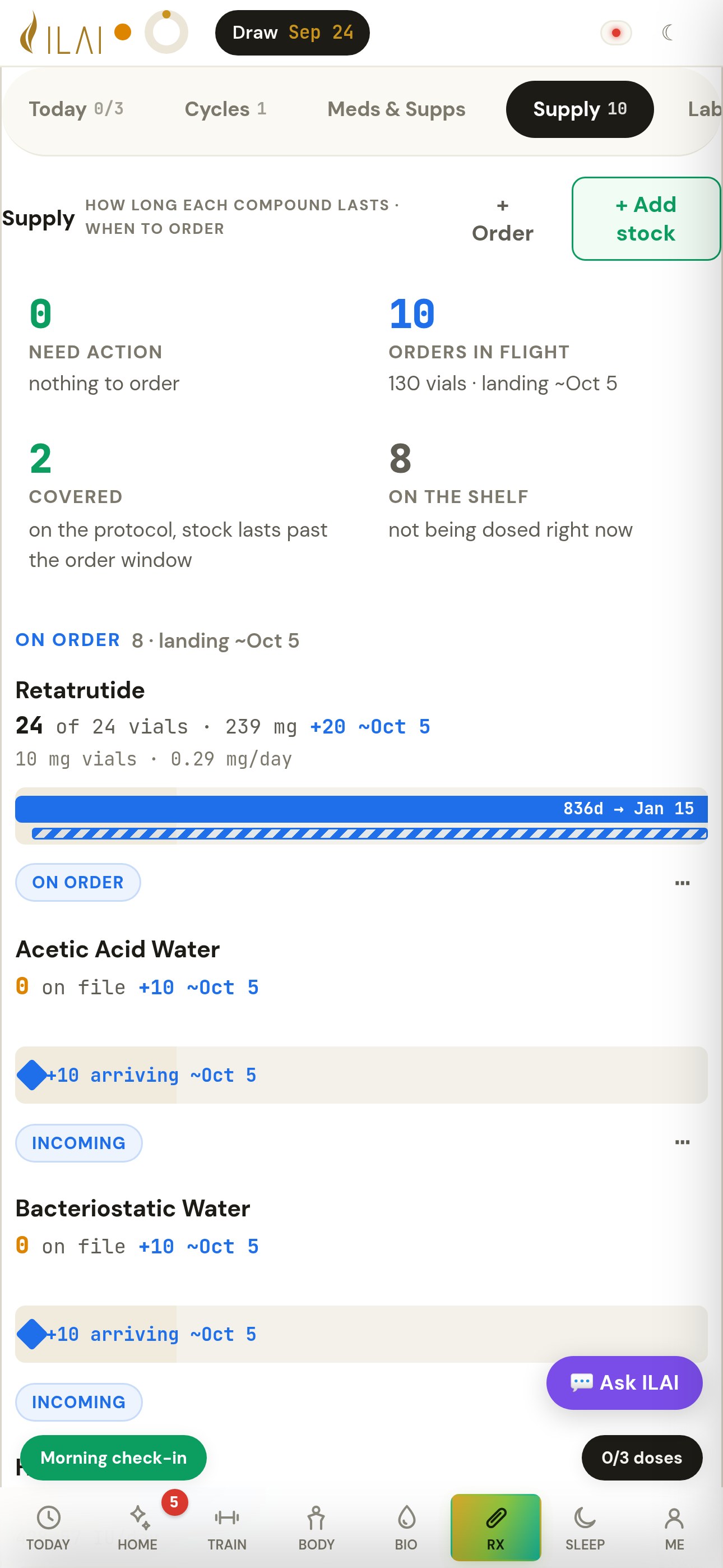 Supply on Alex Morgan’s phone, a synthetic patient: 0 need action, 10 orders in flight (130 vials landing ~Oct 5), 2 covered, 8 on the shelf; Retatrutide 24 of 24 vials, 836 days to Jan 10, on order; incoming stock for acetic acid water, bacteriostatic water, HCG and others arriving ~Oct 5.